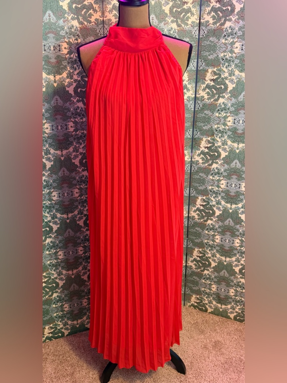 Maxi Halter Pleated Dress in Red